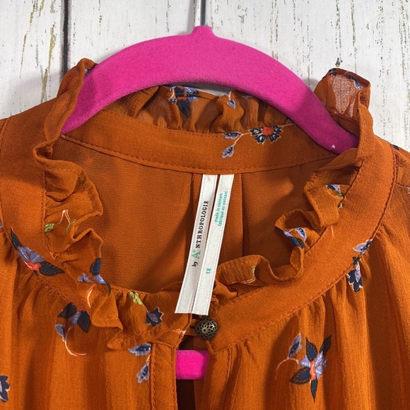 Anthropologie Womens Floral Boho Chiffon Button Front Puffed Sleeve Blouse - Picture 3 of 16
